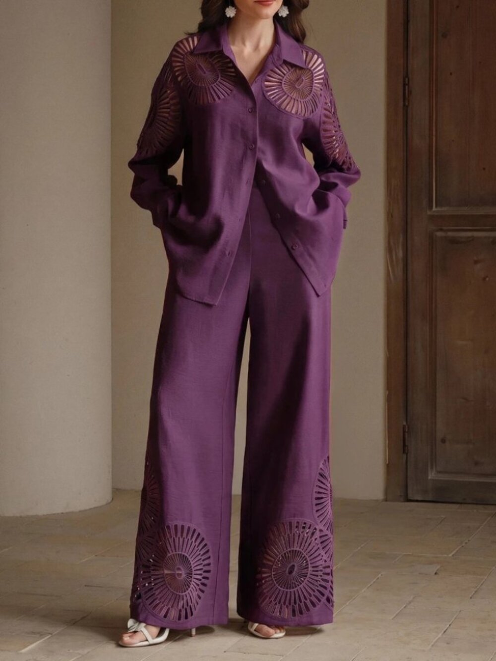 Plum Purple Cutout Sunburst Embroidered Oversized Shirt Wide Leg Pants Set